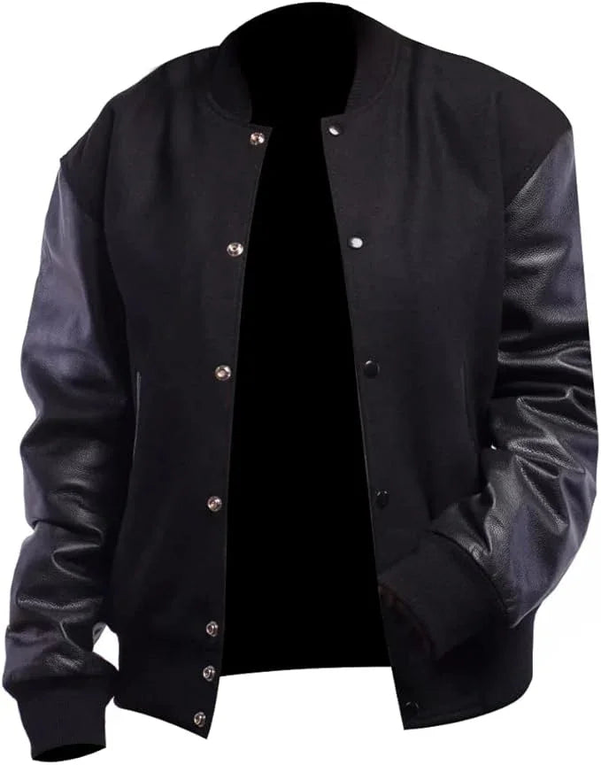 Black Rib-Knitted Cuffs-Hems Wool Varsity Jacket for Men