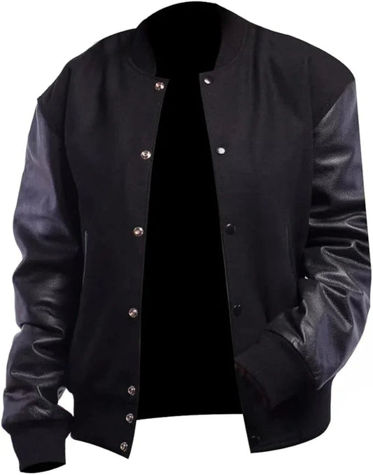 Black Rib-Knitted Cuffs-Hems Wool Varsity Jacket for Men