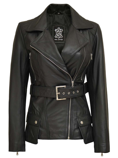 Victoria Women's Black Asymmetrical Leather Jacket | Biker Style