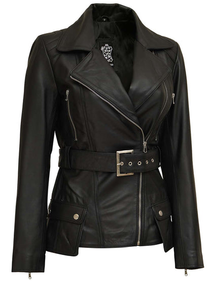 Victoria Women's Black Asymmetrical Leather Jacket | Biker Style
