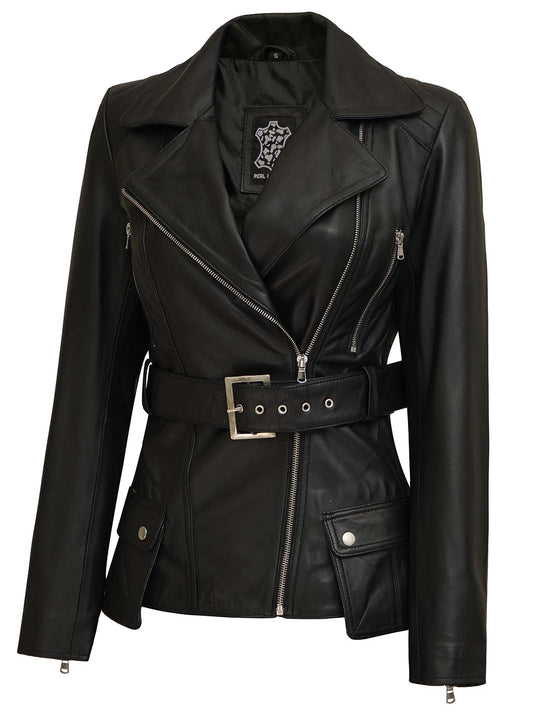 Victoria Women's Black Asymmetrical Leather Jacket | Biker Style