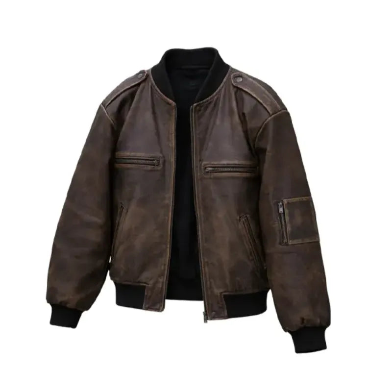 Vintage Distressed Brown Bomber Leather Jacket