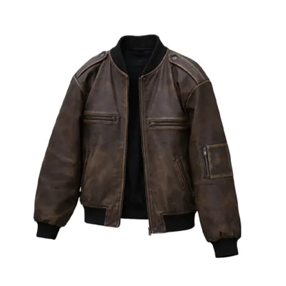 Vintage Distressed Brown Bomber Leather Jacket