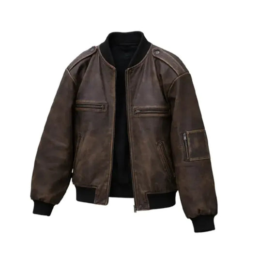 Vintage Distressed Brown Bomber Leather Jacket