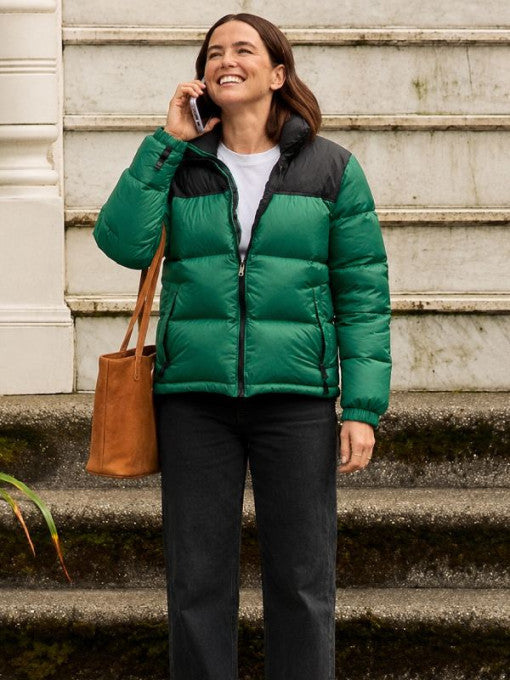 Voicemails for Isabelle 2026 Zoey Deutch Green Puffer Jacket