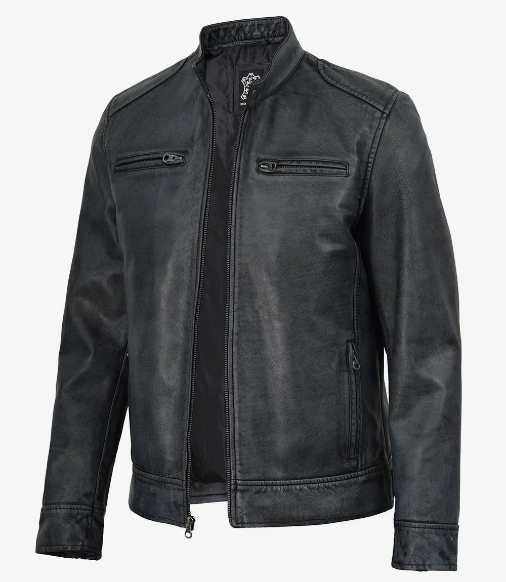 Men's Washed Black Cafe Racer Leather Jacket