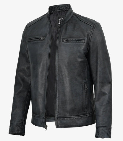 Men's Washed Black Cafe Racer Leather Jacket