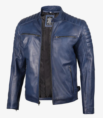 Mens Blue Waxed Biker Style Leather Jacket