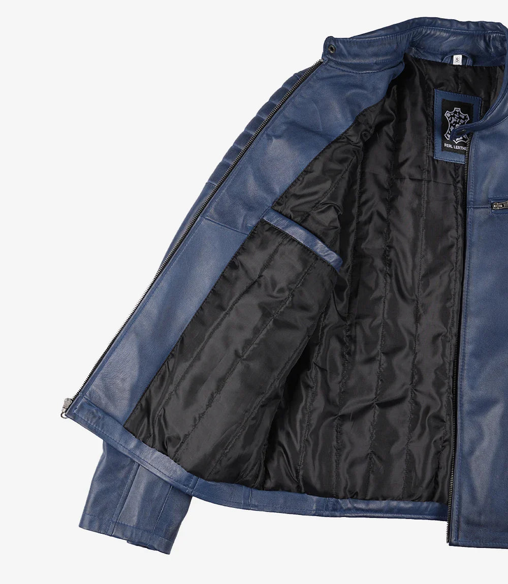 Mens Blue Waxed Biker Style Leather Jacket