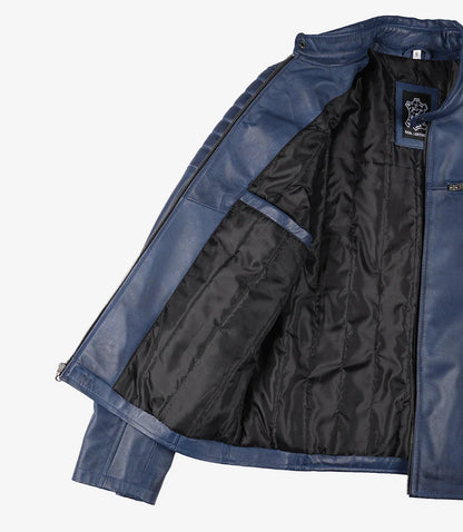 Mens Blue Waxed Biker Style Leather Jacket