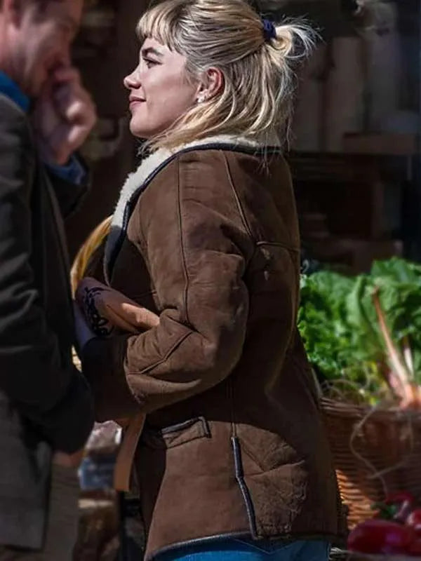 We Live in Time 2025 Florence Pugh Shearling Leather Jacket Max Jackets