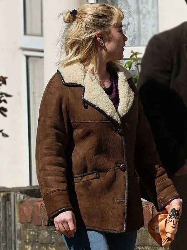 We Live in Time 2025 Florence Pugh Shearling Leather Jacket Max Jackets