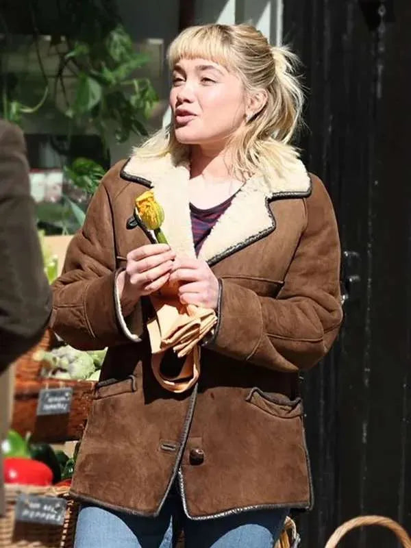 We Live in Time 2025 Florence Pugh Shearling Leather Jacket Max Jackets