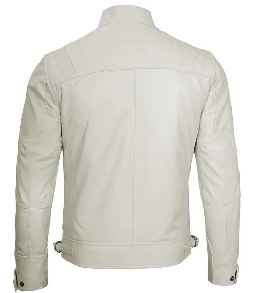 Mens Off White Cafe Racer Leather Jacket | Quilted Detailing Max Jackets