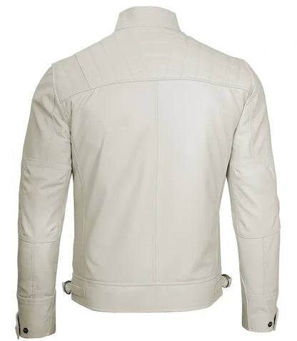 Mens Off White Cafe Racer Leather Jacket | Quilted Detailing Max Jackets