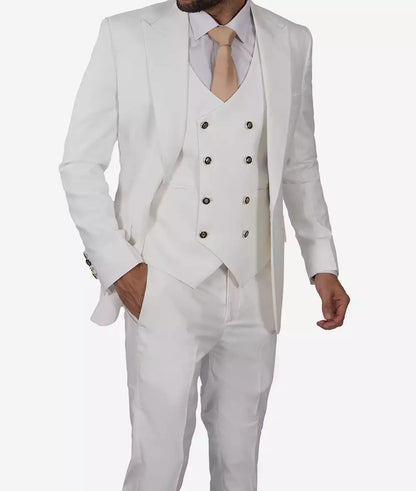 Antonio Men's Peak Lapel Off-White 3-Piece Slim Fit Suit