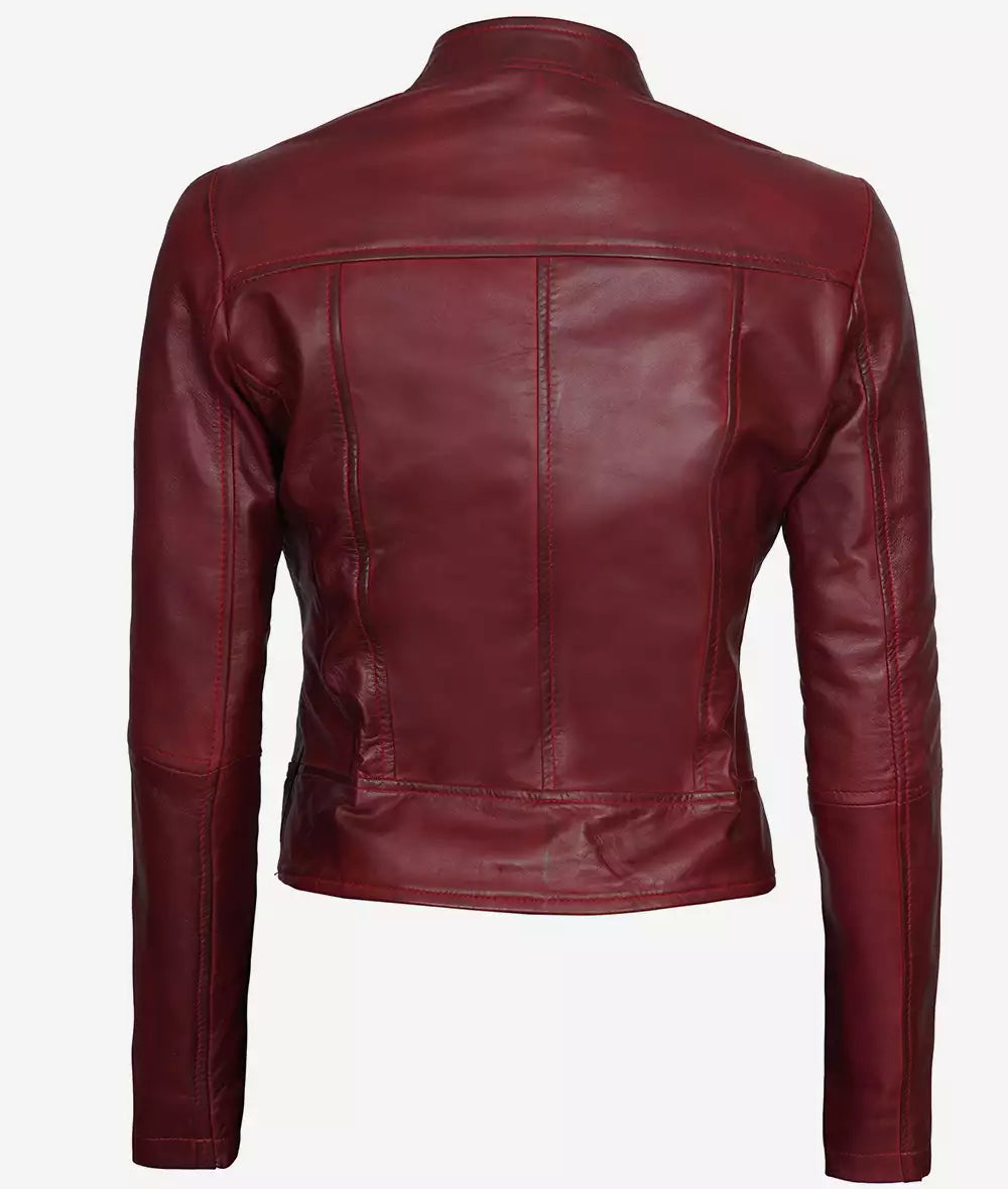 Womens Maroon Leather Cafe Racer Jacket Max Jackets