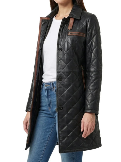 Women's Black Quilted Leather Car Coat
