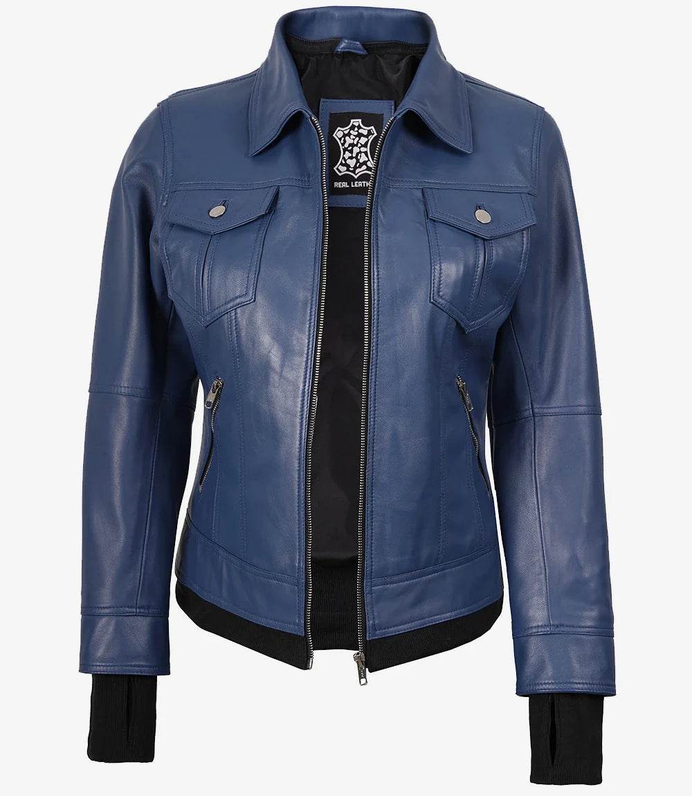 Womens Blue Bomber Leather Jacket With Hood