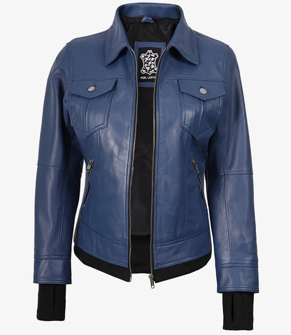 Womens Blue Bomber Leather Jacket With Hood
