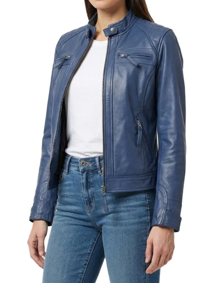 Women's Blue Quilted Leather Cafe Racer Jacket