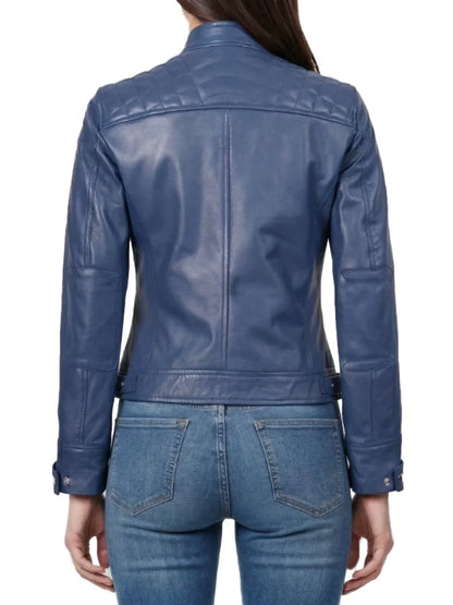 Women's Blue Quilted Leather Cafe Racer Jacket
