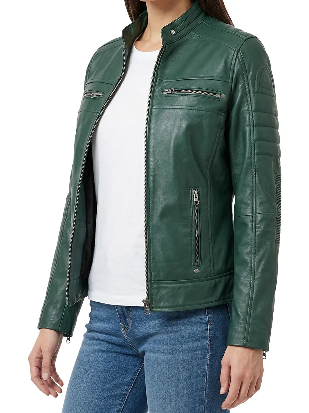 Austin Women Cafe Racer Style Green Leather Jacket