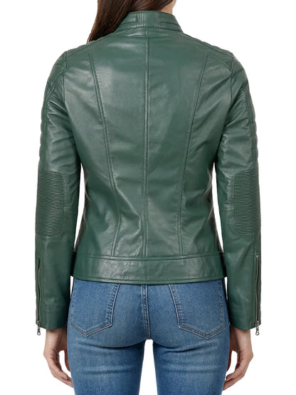 Austin Women Cafe Racer Style Green Leather Jacket