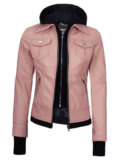 Womens Pink Bomber Leather Jacket | Removable Hood