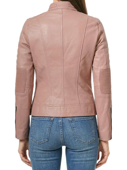 Austin Womens Pink Cafe Racer Style Leather Jacket