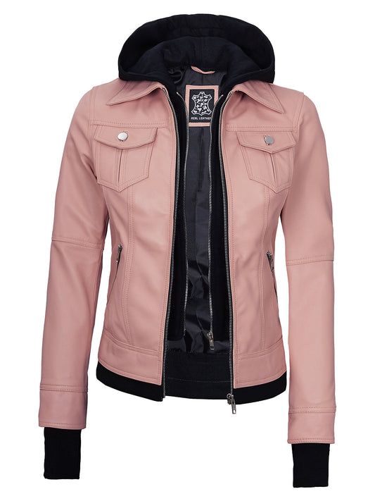 Womens Pink Bomber Leather Jacket | Removable Hood