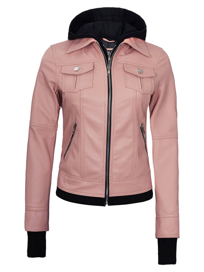 Womens Pink Bomber Leather Jacket | Removable Hood