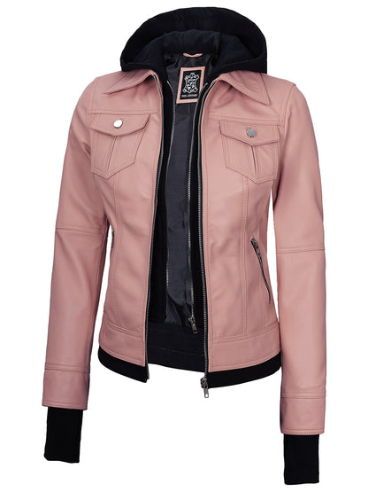Womens Pink Bomber Leather Jacket | Removable Hood