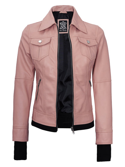 Womens Pink Bomber Leather Jacket | Removable Hood