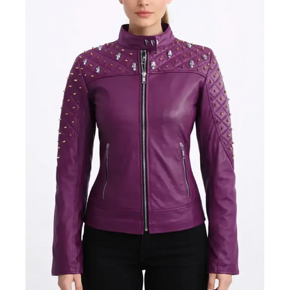 Women Quilted Stud Purple Leather Jacket