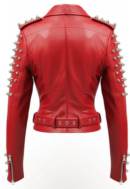 Women Crimson Studs Red Leather Jacket