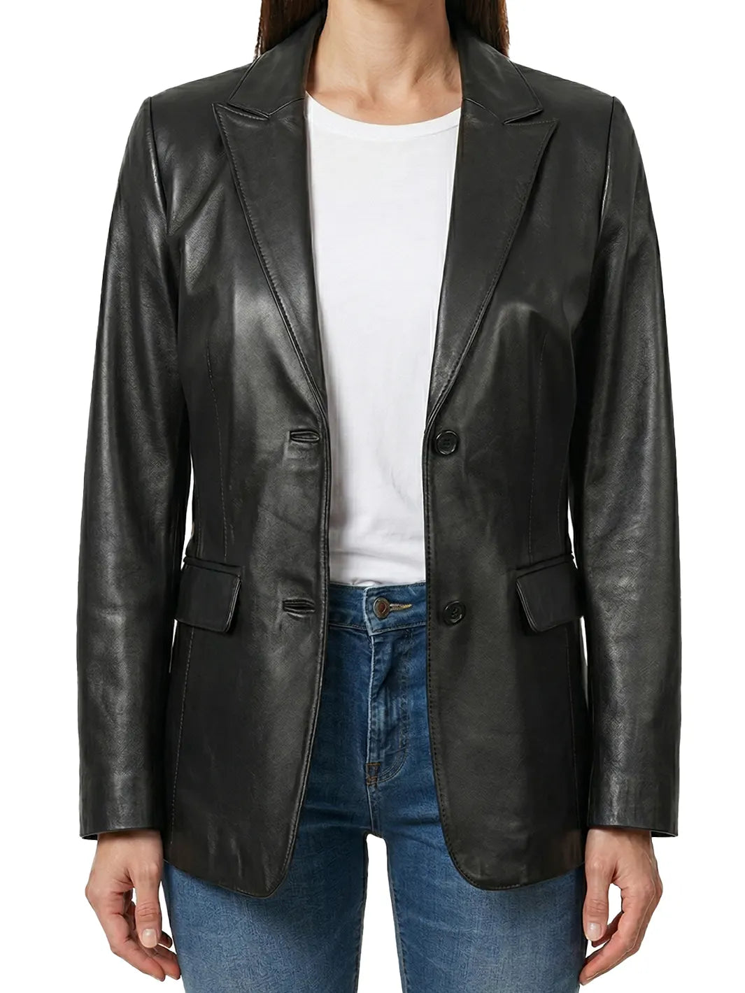 Hazel Women's Two Button Black Real Leather Blazer