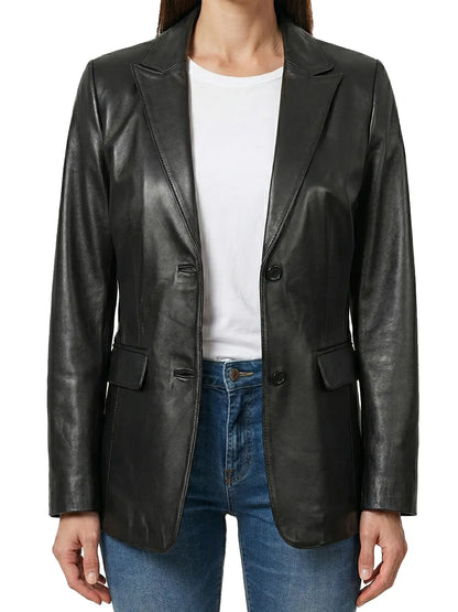 Hazel Women's Two Button Black Real Leather Blazer