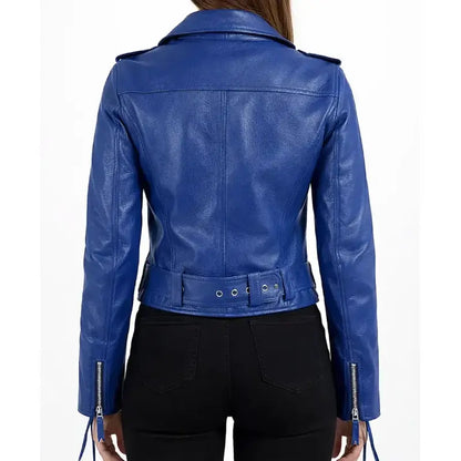 Women Blue Brando Biker Leather Jacket