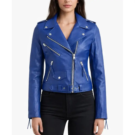 Women Blue Brando Biker Leather Jacket