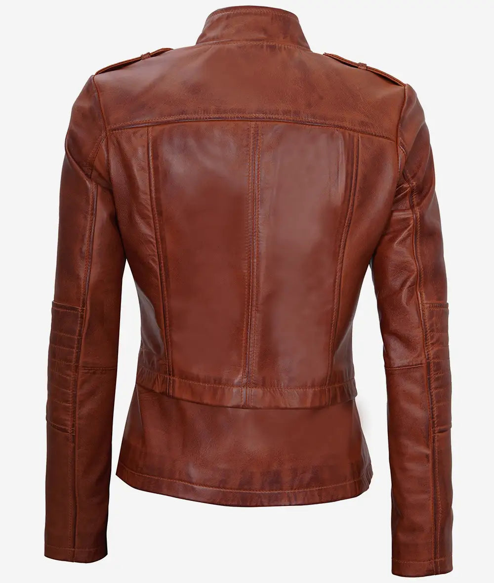 Women's Cognac Motorcycle Leather Jacket Max Jackets