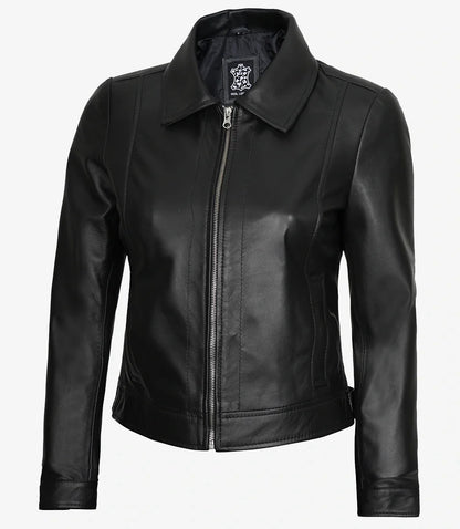 Womens Shirt Collar Black Leather Jacket