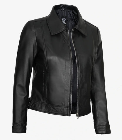 Womens Shirt Collar Black Leather Jacket