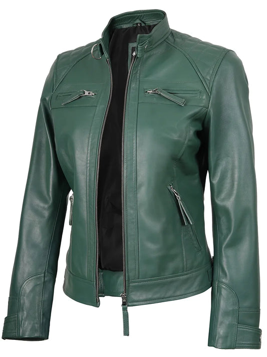 Women Green Diamond Cafe Racer Real Leather Jacket