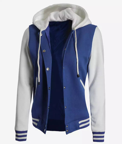 Women's Royal Blue and White Hooded Baseball Letterman Jacket - Varsity Style Max Jackets