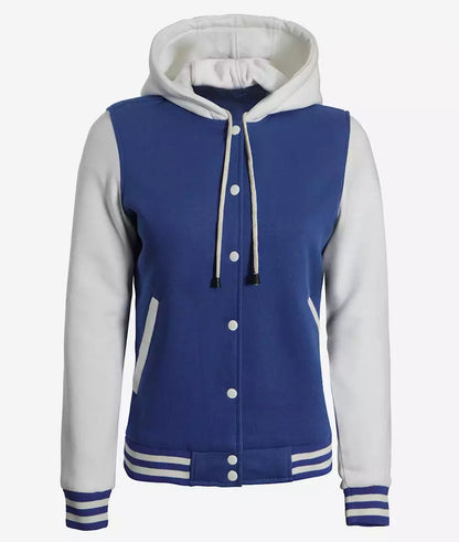 Women's Royal Blue and White Hooded Baseball Letterman Jacket - Varsity Style Max Jackets
