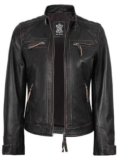 Diamond Women Rub Off Brown Leather Jacket