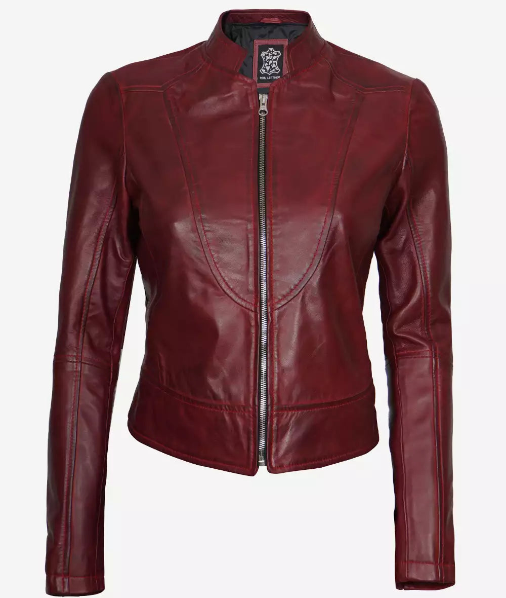 Womens Maroon Leather Cafe Racer Jacket Max Jackets