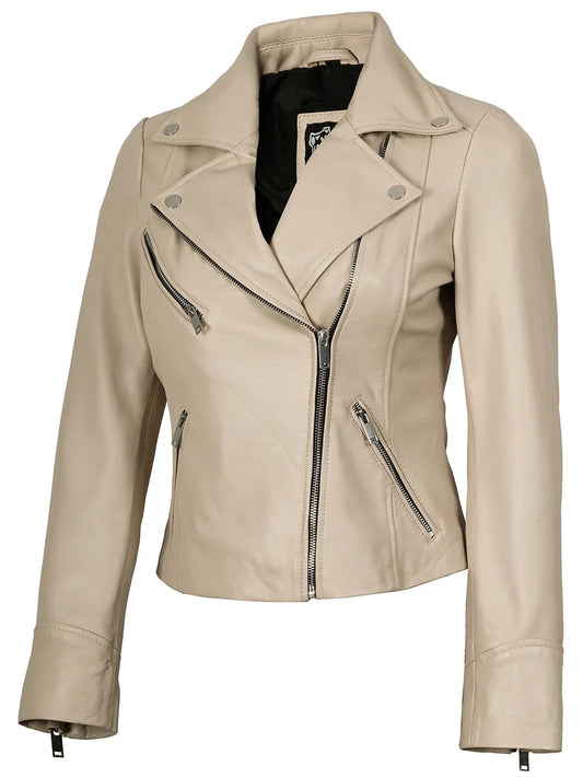 Women's Beige Asymmetrical Biker Style Real Leather Jacket