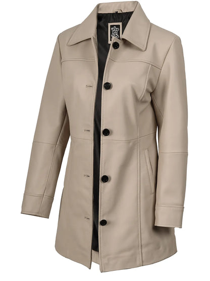 Kandis Women's Beige Real Leather Car Coat